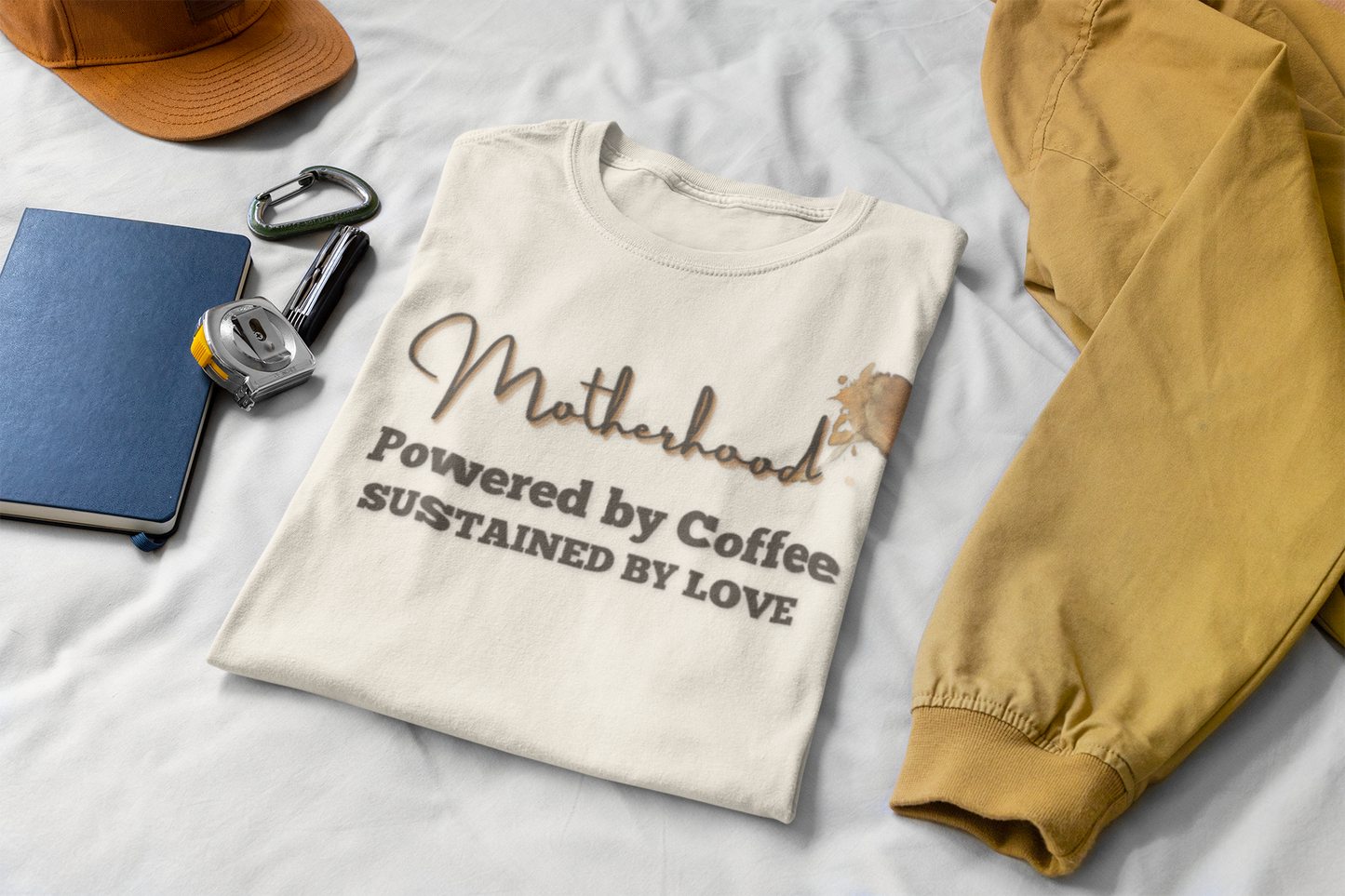 Motherhood T-Shirt – Powered by Coffee, Sustained by Love | Funny Mom Life Tee